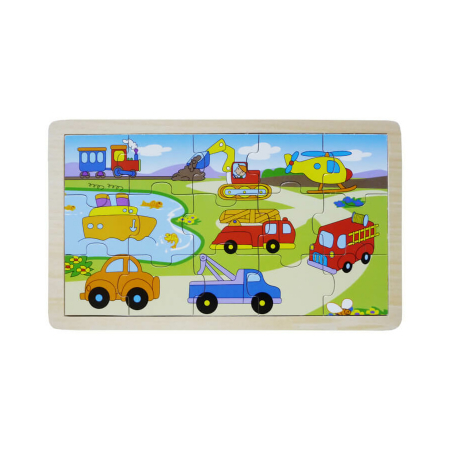 KÉSZSÉGFEJLESZTŐ JÁTÉKOK - 15 darabos fa puzzle járművekkel