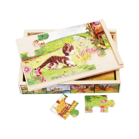 KÉSZSÉGFEJLESZTŐ JÁTÉKOK - 4 darabos fa puzzle készlet, 12 darabos, farm állatokkal