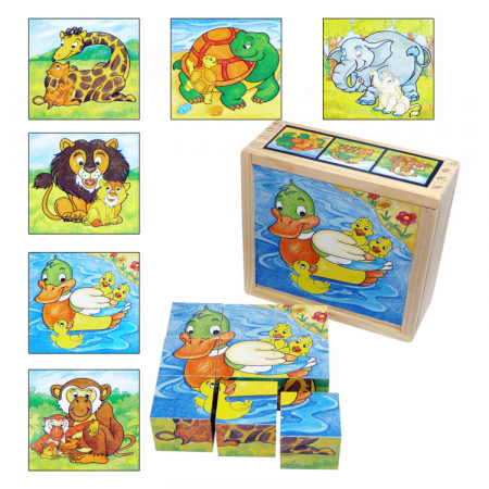 PUZZLE - 9 darabos fa kocka puzzle állatokkal és kicsinyeikkel