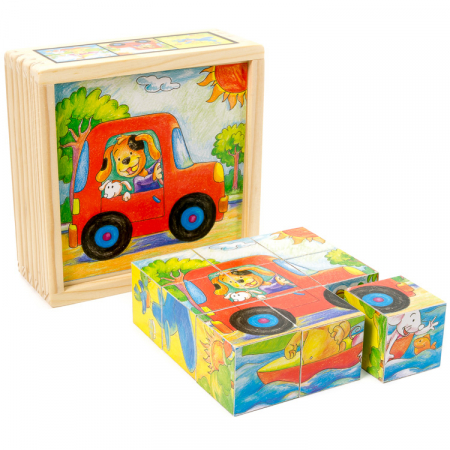 9 darabos fa kocka puzzle állatokkal járművekben [1]