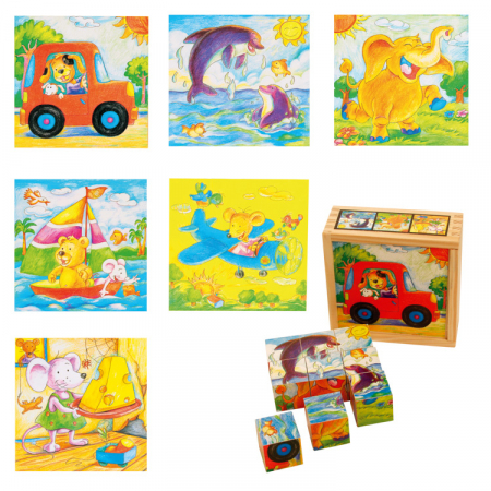 PUZZLE - 9 darabos fa kocka puzzle állatokkal járművekben
