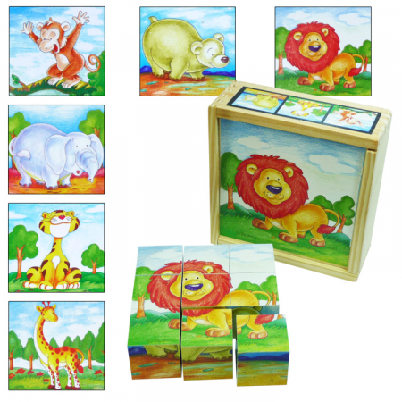 PUZZLE - 9 darabos fa kocka puzzle vadállatokkal
