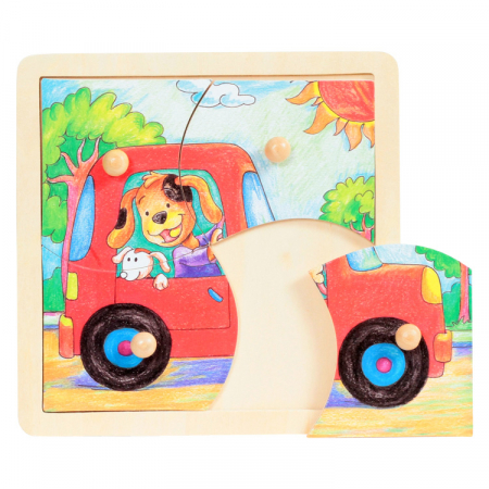 PUZZLE - Fából készült puzzle fogantyúval, kisautóval