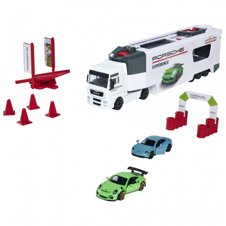 KISAUTÓK - JÁRMŰVEK - Majorette MAN Tgx Porsche Experience kamion 2 kisautóval