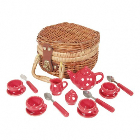 KONYHA ÉS KIEGÉSZÍTŐK - Mini teáskészlet 17 darabos pöttyös porcelánból kosárban