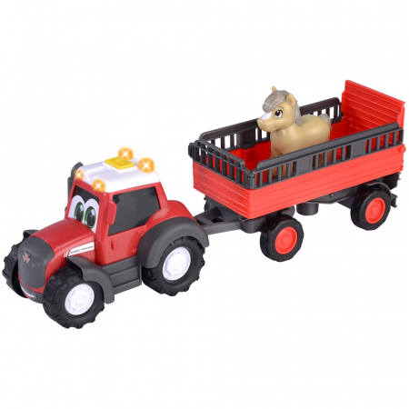 KISAUTÓK - JÁRMŰVEK - Simba ABC Massey Ferguson traktor állatszállító utánfutóval, 30 cm, fényekkel, hangokkal, utánfutóval és figurával