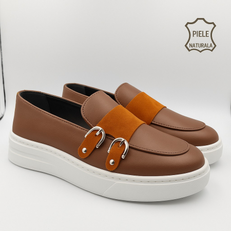 Pantofi din piele naturala Maro+Cărămiziu Model U5 [5]