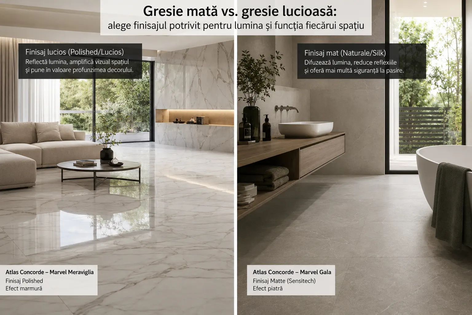 Finisaje ceramice și reflexia luminii: ghid de alegere între gresia mată și cea lucioasă