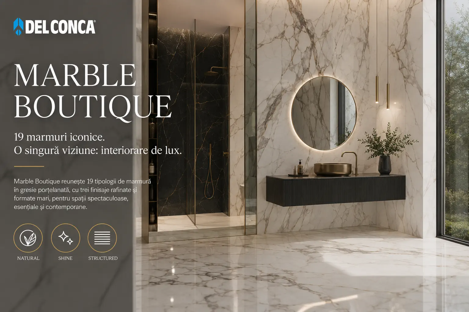 Marble Boutique de la Del Conca – gresia porțelanată cu 19 marmuri iconice pentru interioare de lux