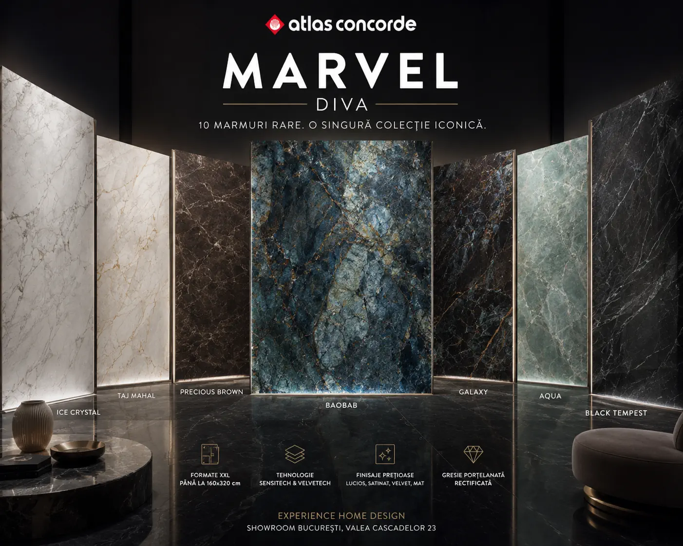 Marvel Diva de la Atlas Concorde – gresia porțelanată cu 10 marmuri rare, pentru proiecte cu impact vizual puternic