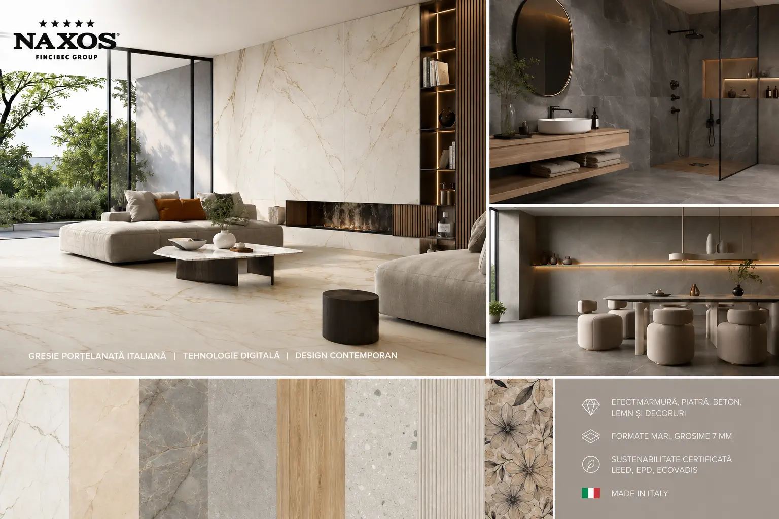 Naxos Ceramica: gresia porțelanată italiană a Fincibec Group care unește tehnologia digitală cu rafinamentul vizual
