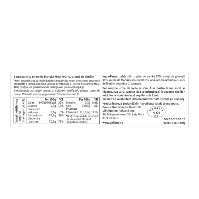 Bomboane cu miere de manuka mgo™ 400+ si lamaie - 250g - Manuka [4]
