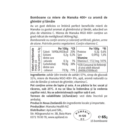 Bomboane cu miere de manuka mgo™ 400+, ghimbir și lămâie - 65g - Manuka [4]