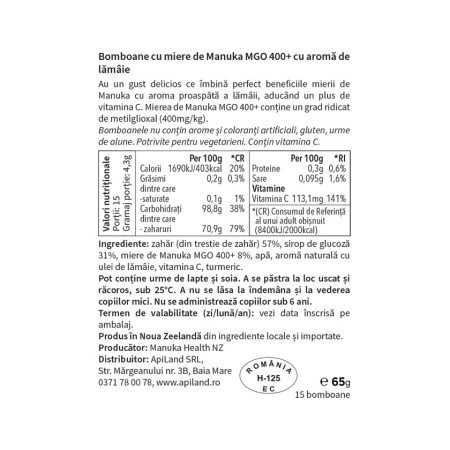 Bomboane cu miere de manuka mgo™ 400+ si lamaie - 65g - Manuka [3]
