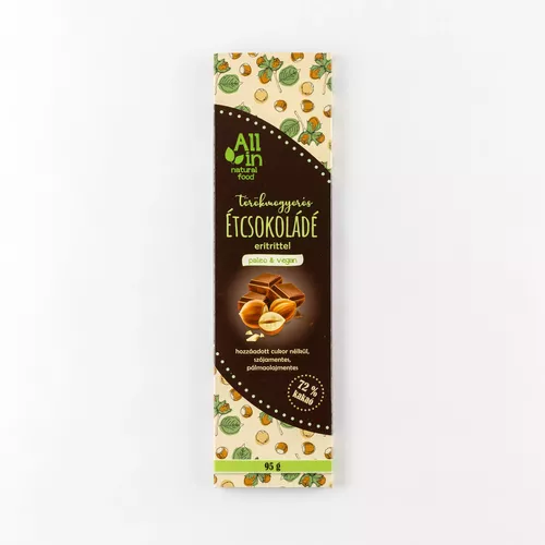Băcănie - Ciocolată vegană cu alune de pădure 72% cacao, îndulcită cu eritriol, 95g