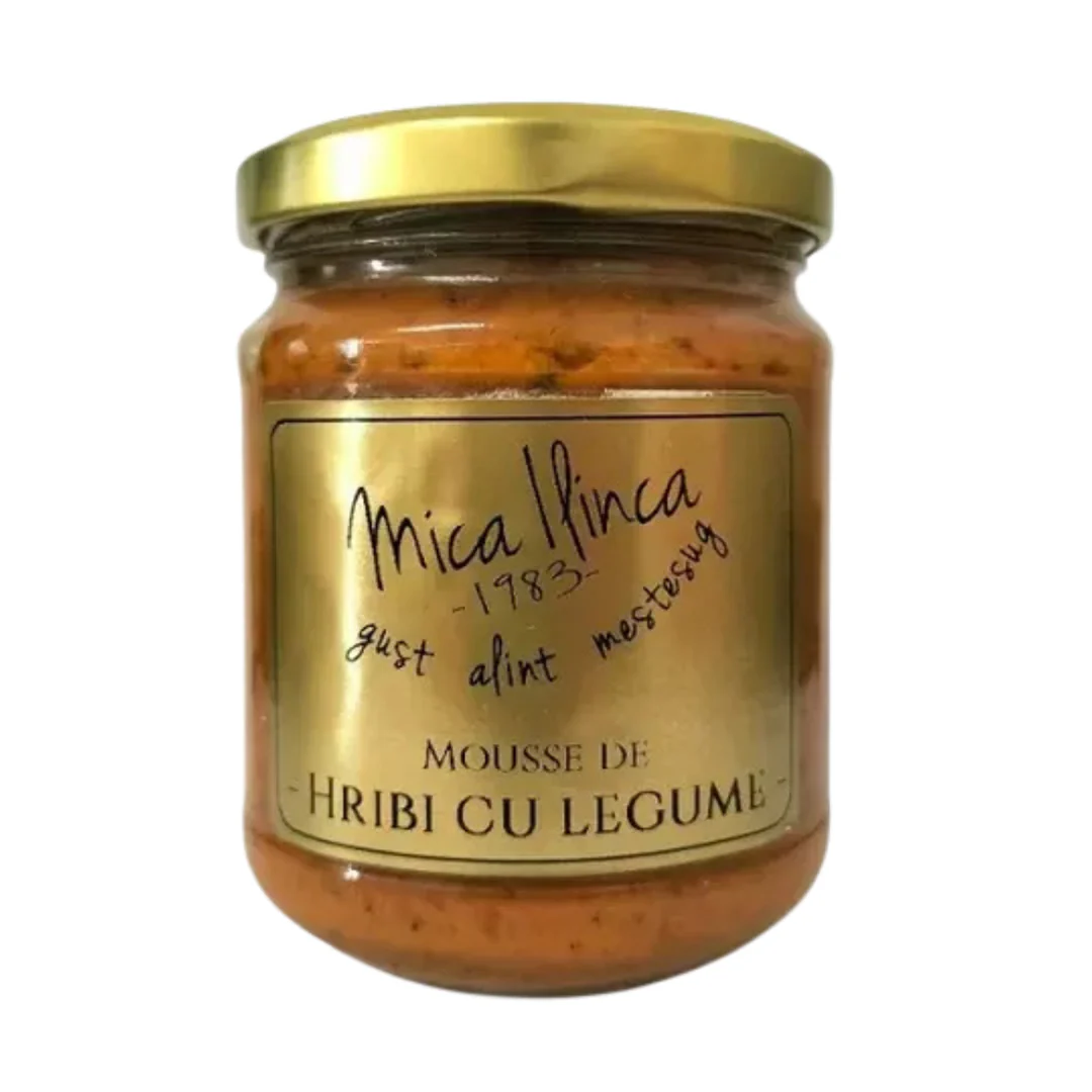 Băcănie - Mousse de Hribi cu Legume Mica Ilinca 200g – borcan cu pastă gourmet din ciuperci hribi și legume, preparat tradițional pe cuptoare cu lemne în România