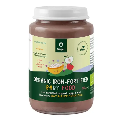 Vegan friendly - Terci de Ovăz și Orez Bio cu Mere, Afine și Adaos de Fier Organic, 6+ Luni, 190 g