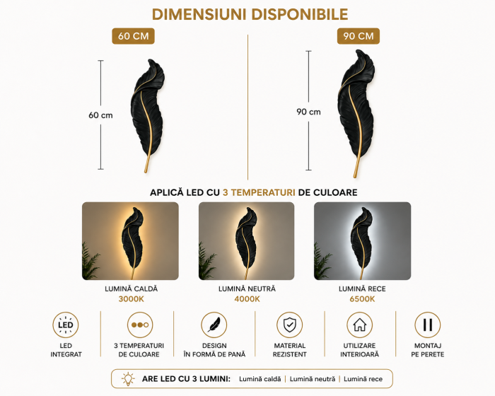 Aplică LED HJ 2639 BK+GD în formă de pană, negru și auriu, 60 și 90 cm [3]