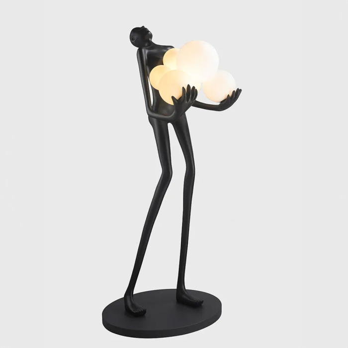 Lampadar design artistic F 9101 M, fibră de sticlă neagră, figură umană cu 6 globuri din sticlă albă, 180 cm [3]