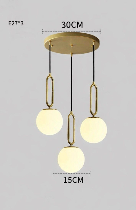 Lustră 1116/3CP modernă, metal auriu cu 3 globuri opal alb, stil geometric [3]