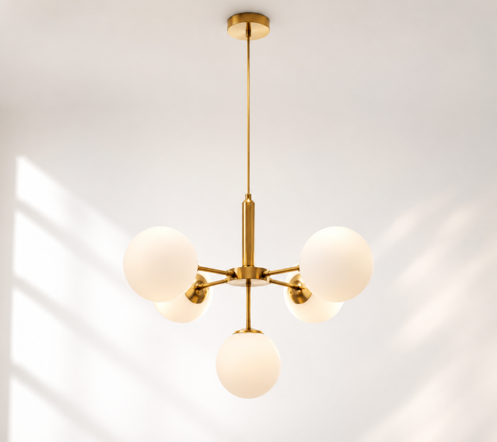 Lustră 1717/5 CP, 5xE27, Globuri Sticlă Albă, Metal Auriu, Design Elegant [2]
