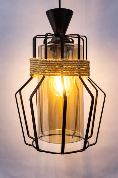 Lustră 3076/3, 3 abajururi sticlă aurie, cadru metal negru cu sfoară, cablu reglabil, design sofisticat [3]