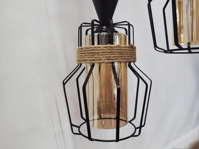 Lustră 3076/3, 3 abajururi sticlă aurie, cadru metal negru cu sfoară, cablu reglabil, design sofisticat [2]
