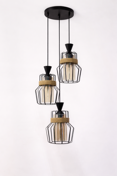 Lustră 3076/3, 3 abajururi sticlă aurie, cadru metal negru cu sfoară, cablu reglabil, design sofisticat [2]