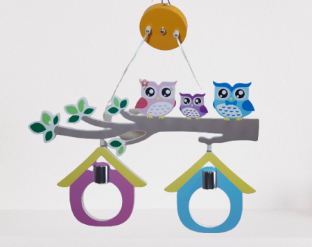 Lustră Copii H 370/2, Design Bufnițe Colorate, 2 Becuri E27, Lemn și Sticlă, Multicolor [2]