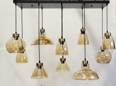 Lustră HJ2371/10H – 10 pendule sticlă aurie, metal negru/auriu, modernă, 100×30 cm [2]