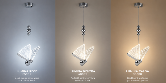 Lustră LED 985/1 CH, 12W, Argintie, Formă de Fluture, 3 Tipuri de Lumină, Înălțime Reglabilă [4]