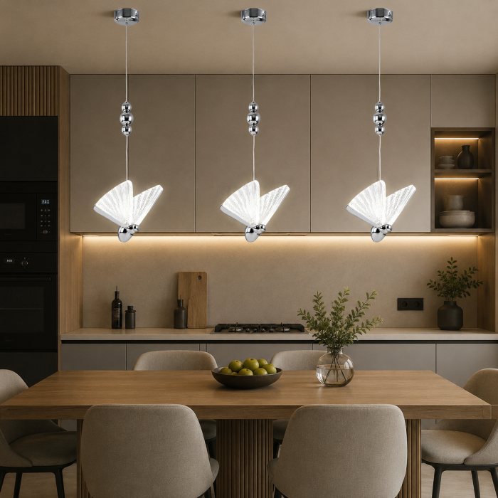 Lustră LED 985/1 CH, 12W, Argintie, Formă de Fluture, 3 Tipuri de Lumină, Înălțime Reglabilă [2]