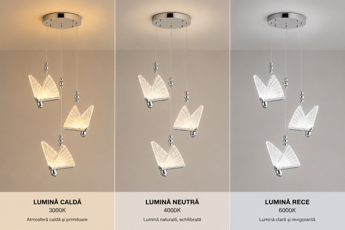 Lustră LED 985/3 CH, 36W, Argintie, Formă de Fluture, 3 Tipuri de Lumină, Înălțime Reglabilă [4]