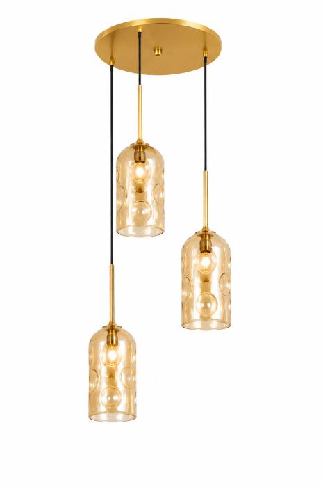 Lustră Suspendată 9105/3 Crom și Auriu cu 3 Pendule și Sticlă Decorativă Reliefată [2]