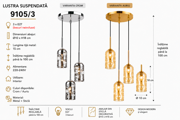Lustră Suspendată 9105/3 Crom și Auriu cu 3 Pendule și Sticlă Decorativă Reliefată [3]