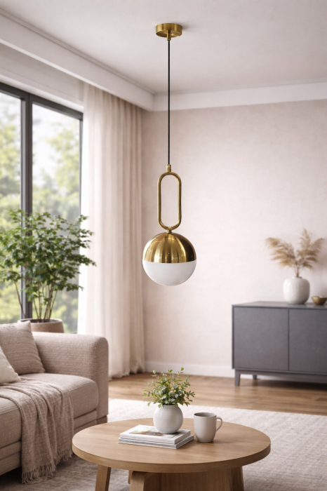Pendul 1118/1CP din alamă aurie cu glob alb mat și inel oval – eleganță modernă pentru interior [2]