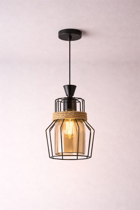 Pendul 3076/1, sticlă aurie cu cadru metal negru, sfoară decorativă, cablu reglabil, iluminat elegant [2]