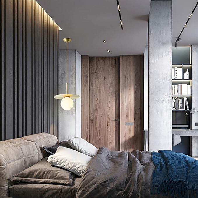 Pendul 3809 minimalist, metal auriu/crom, sferă sticlă albă, disc decorativ, cablu reglabil 100 cm [2]