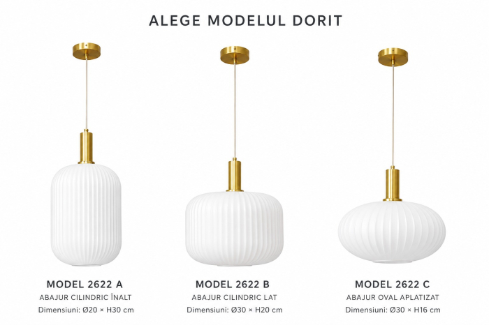 Pendul Auriu 2622 cu Abajur din Sticlă Opală Canelată – Modelele A, B și C [3]