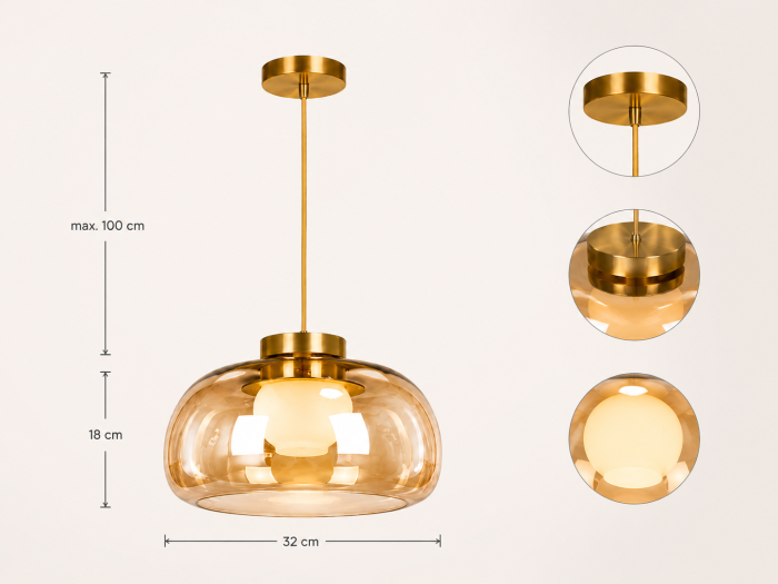 Pendul Suspendat 2621/1 din Sticlă Amber cu Glob Opal și Structură Auriu Satinat Ø32 cm [3]