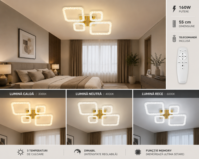 Plafonieră LED 3112/2+2 din Metal Auriu, 160W, 55 cm [3]