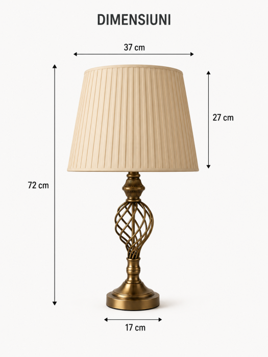 Veioză decorativă 6521 crem cu bronz antichizat, abajur textil plisat, E27, 72 cm [3]