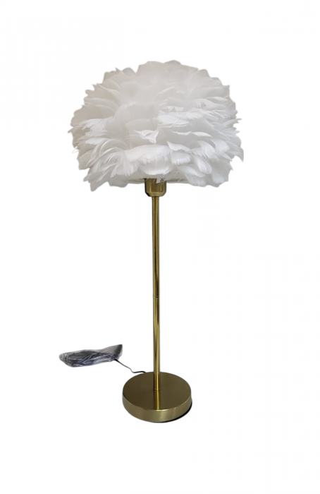 Veioză T1099 – Abajur alb din pene de gâscă, bază aurie metalică, 65 cm, E27, design elegant și sofisticat [2]