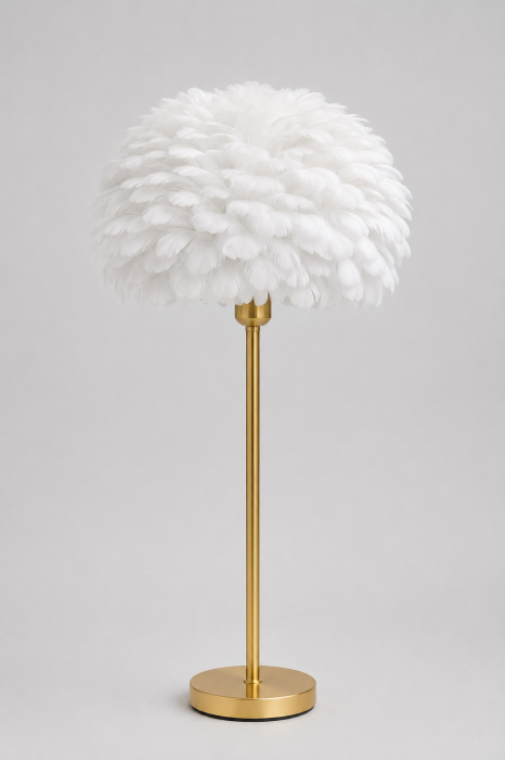 Veioză T1099 – Abajur alb din pene de gâscă, bază aurie metalică, 65 cm, E27, design elegant și sofisticat [2]
