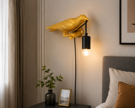 APLICE SI PLAFONIERE - Aplică decorativă perete 2516/1W – pasăre aurie cu bec E27, 20 cm, comutator pe fir