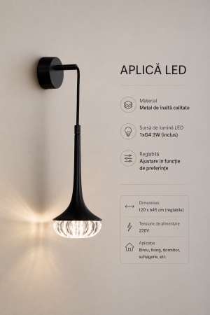 Aplica W2125/1BK neagră, LED G4 3W inclus, 20x45 cm, reglabilă [2]