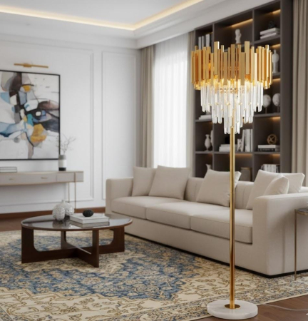 VEIOZE SI LAMPADARE - Lampadar 3315/3350 cu bază din marmură albă, structură metalică aurie și cristale, 160 cm, design modern