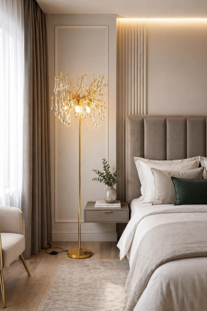 VEIOZE SI LAMPADARE - Lampadar 6113 auriu, sticlă tip cristal, 5 becuri E14, H170 cm
