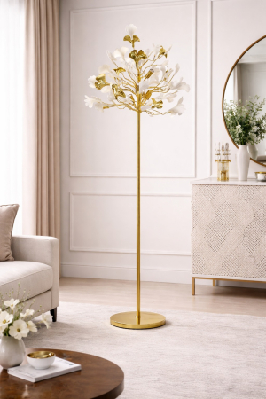 VEIOZE SI LAMPADARE - Lampadar 9080 metal auriu – design floral cu frunze decorative albe, 170 cm
