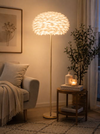 VEIOZE SI LAMPADARE - Lampadar F1099 – Pene naturale de gâscă albe, design auriu elegant, 150 cm, suport E27